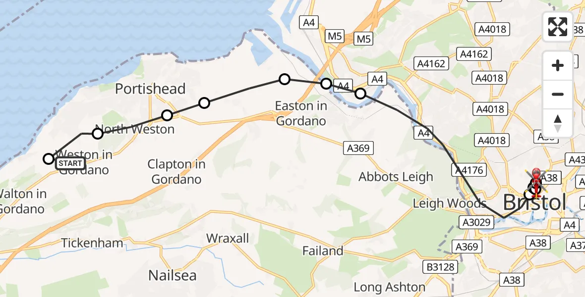 Flight path map showing Air Ambulance Helicopter route from Walton-in-Gordano to Bristol Royal Infirmary