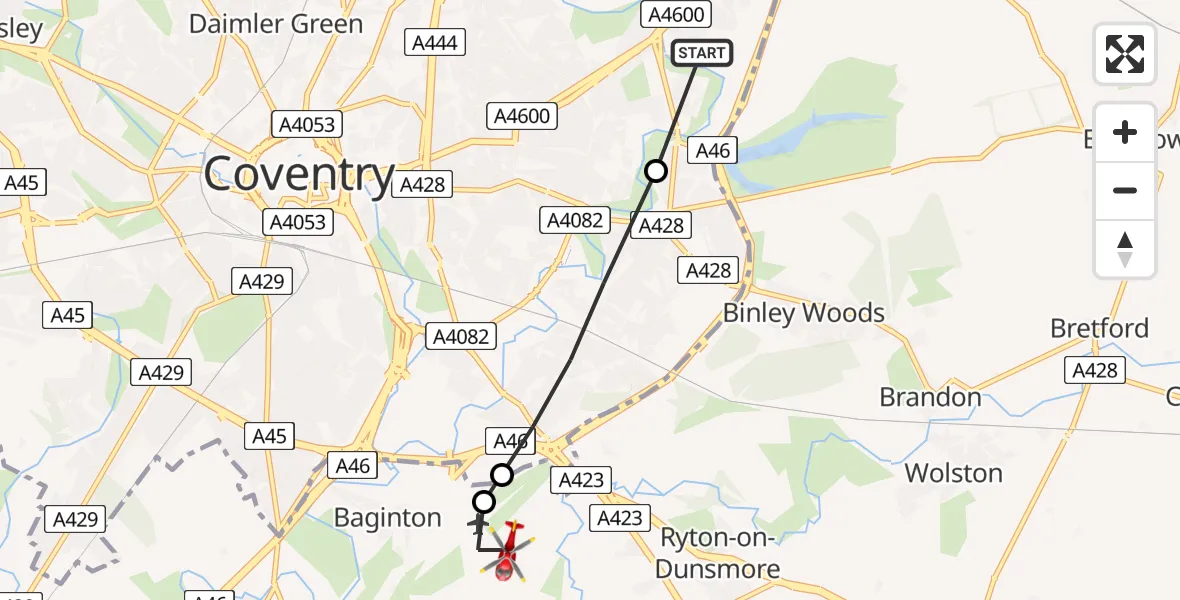 Flight path map showing Air Ambulance Helicopter route from University Hospital Coventry to Coventry Airport