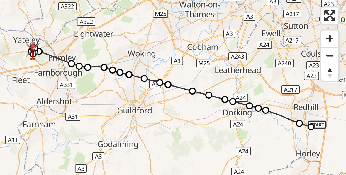 Flight path map showing Air Ambulance Helicopter route from Redhill Aerodrome to Minley
