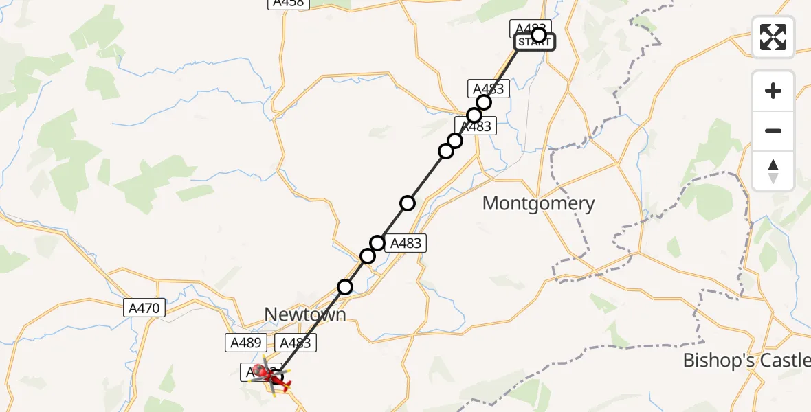 Flight path map showing Air Ambulance Helicopter route from Welshpool Airport to Stepaside