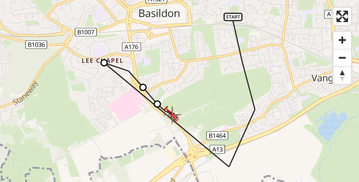 Flight path map showing Air Ambulance Helicopter route from Vange to Basildon