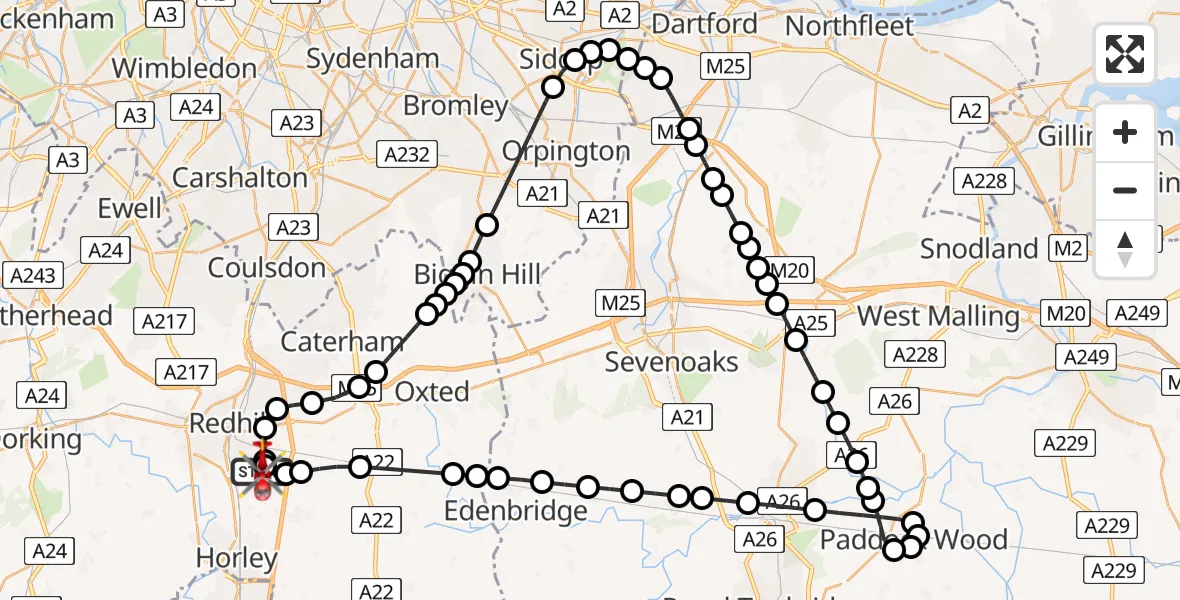 Flight path map showing Air Ambulance Helicopter route from Redhill Aerodrome to Redhill Aerodrome