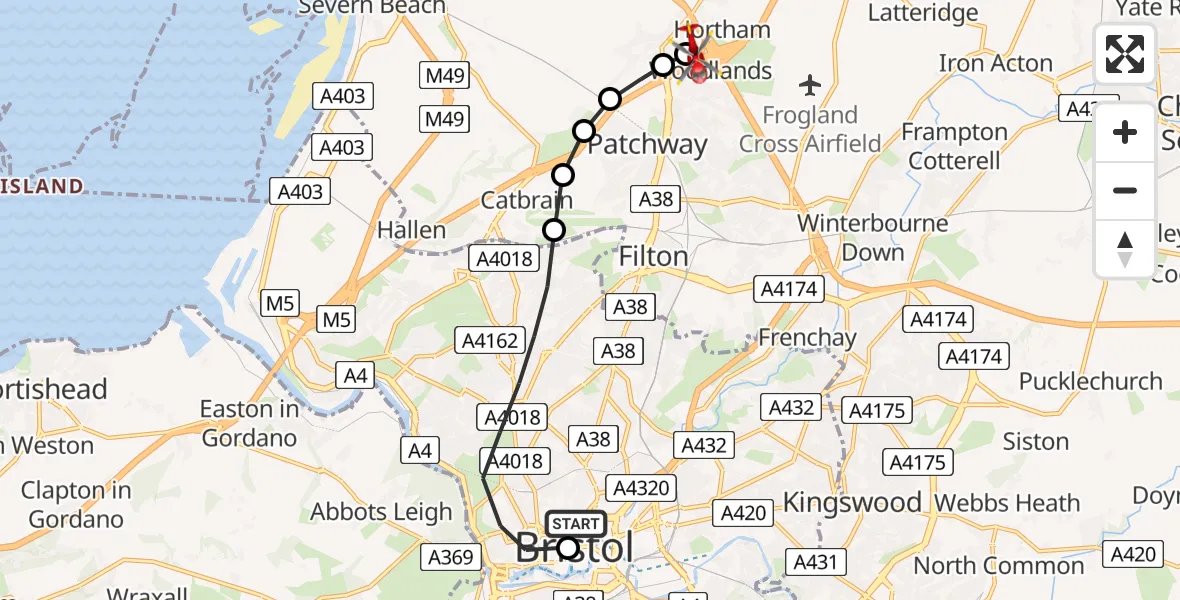 Flight path map showing Air Ambulance Helicopter route from Bristol Royal Infirmary to Almondsbury Helicopter Base