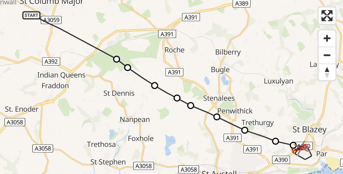 Flight path map showing Air Ambulance Helicopter route from St. Columb Major to St Blazey