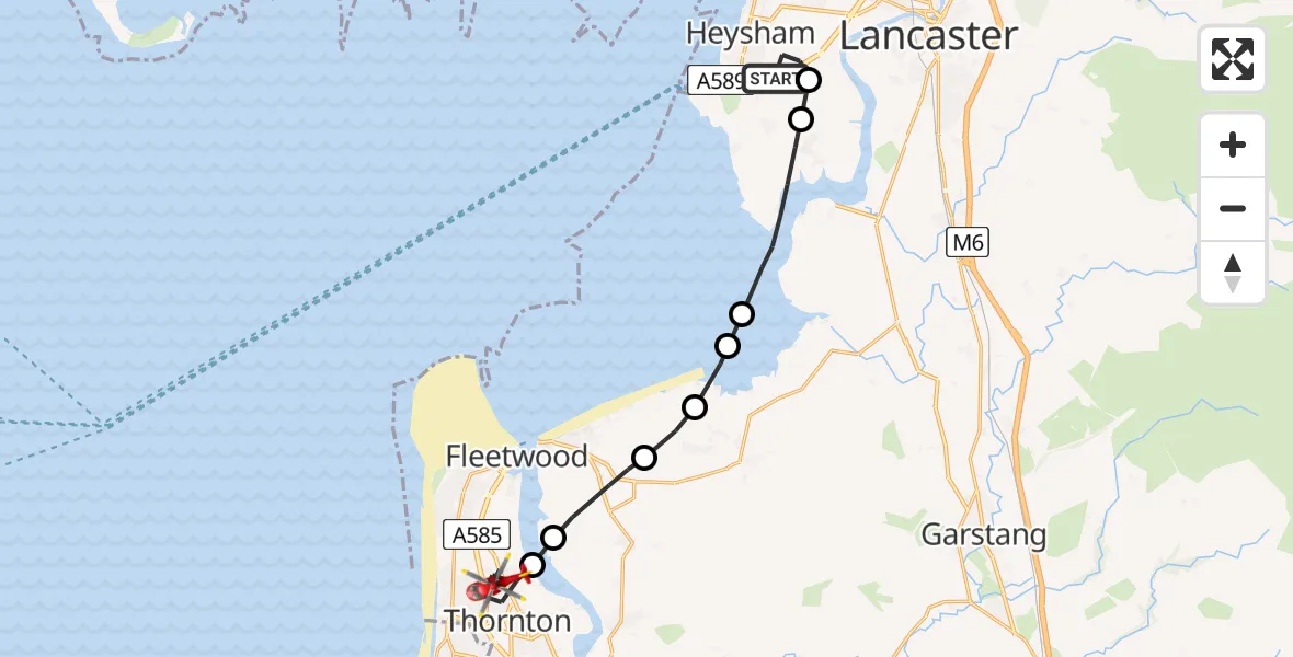 Flight path map showing Air Ambulance Helicopter route from Lancaster to Thornton