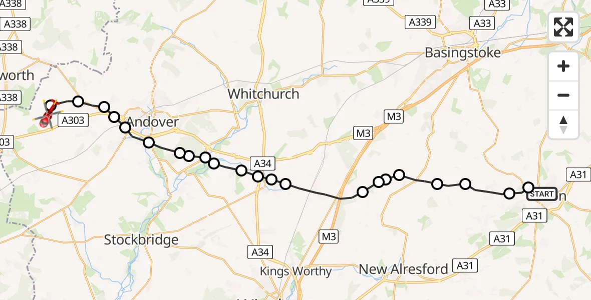 Flight path map showing Air Ambulance Helicopter route from Alton to Kimpton