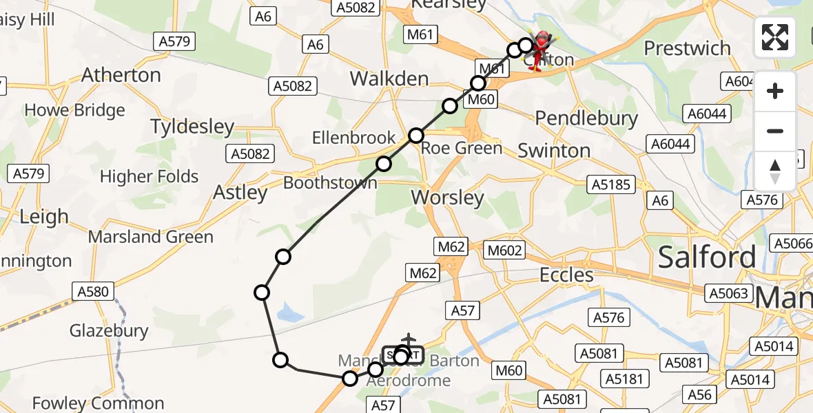 Flight path map showing Air Ambulance Helicopter route from Manchester Barton Aerodrome to Clifton