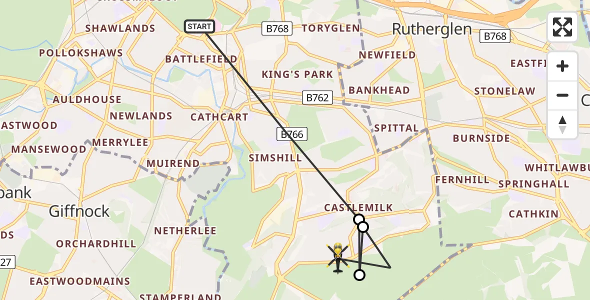 Flight path map showing Police Helicopter route from Glasgow to Carmunnock