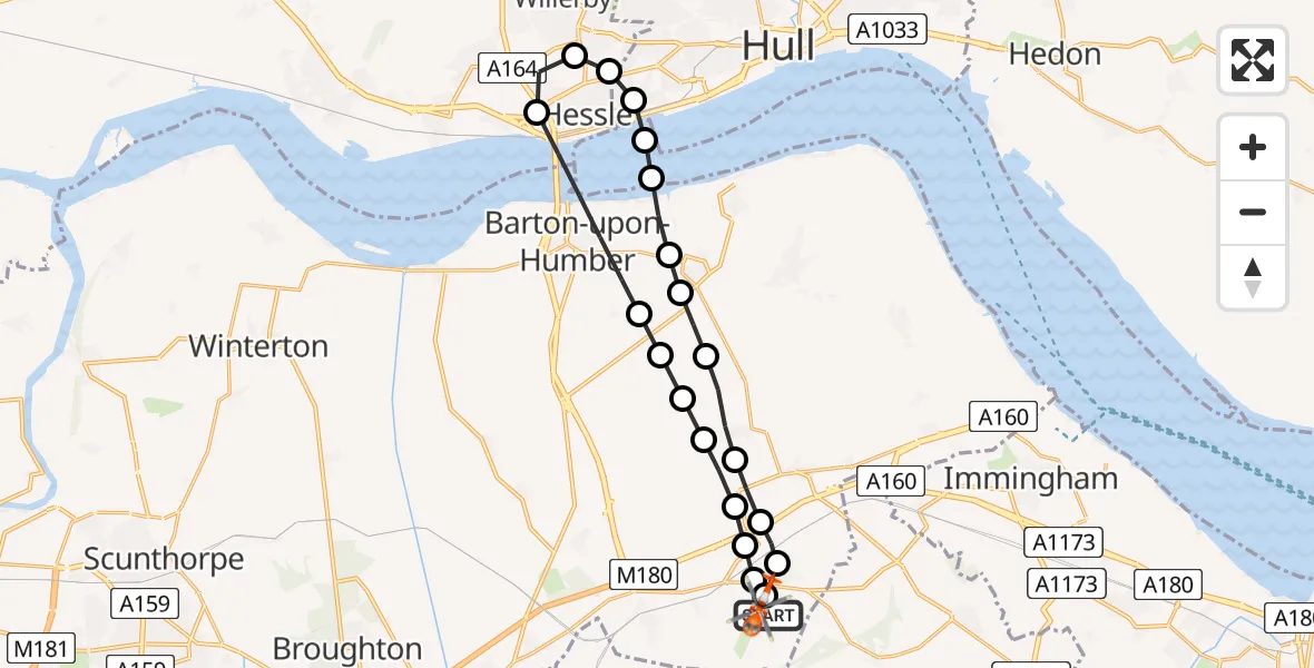 Flight path map showing Coastguard Helicopter route from Humberside Airport to Humberside Airport
