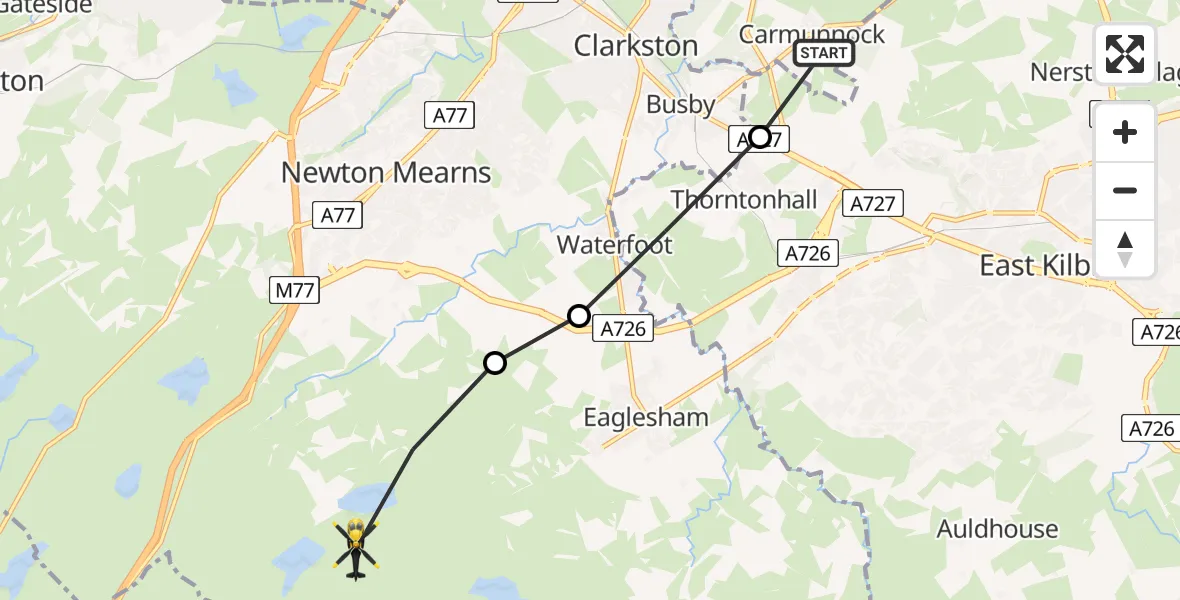 Flight path map showing Police Helicopter route from Carmunnock to Newton Mearns