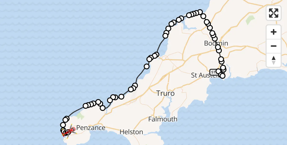 Flight path map showing Air Ambulance Helicopter route from St Blazey to Bosavern