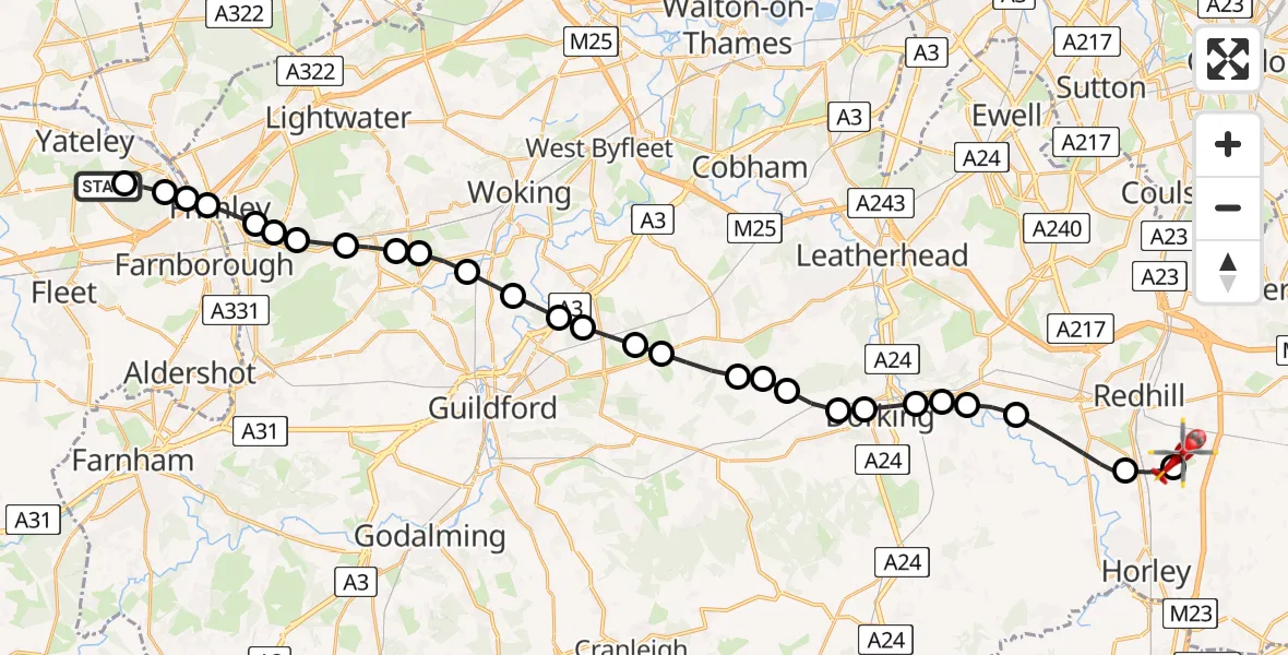 Flight path map showing Air Ambulance Helicopter route from Minley to Redhill Aerodrome