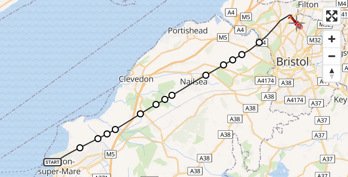 Flight path map showing Air Ambulance Helicopter route from Weston-super-Mare to Bristol
