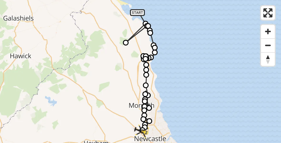 Flight path map showing Police Helicopter route from North Sea to Newcastle International Airport