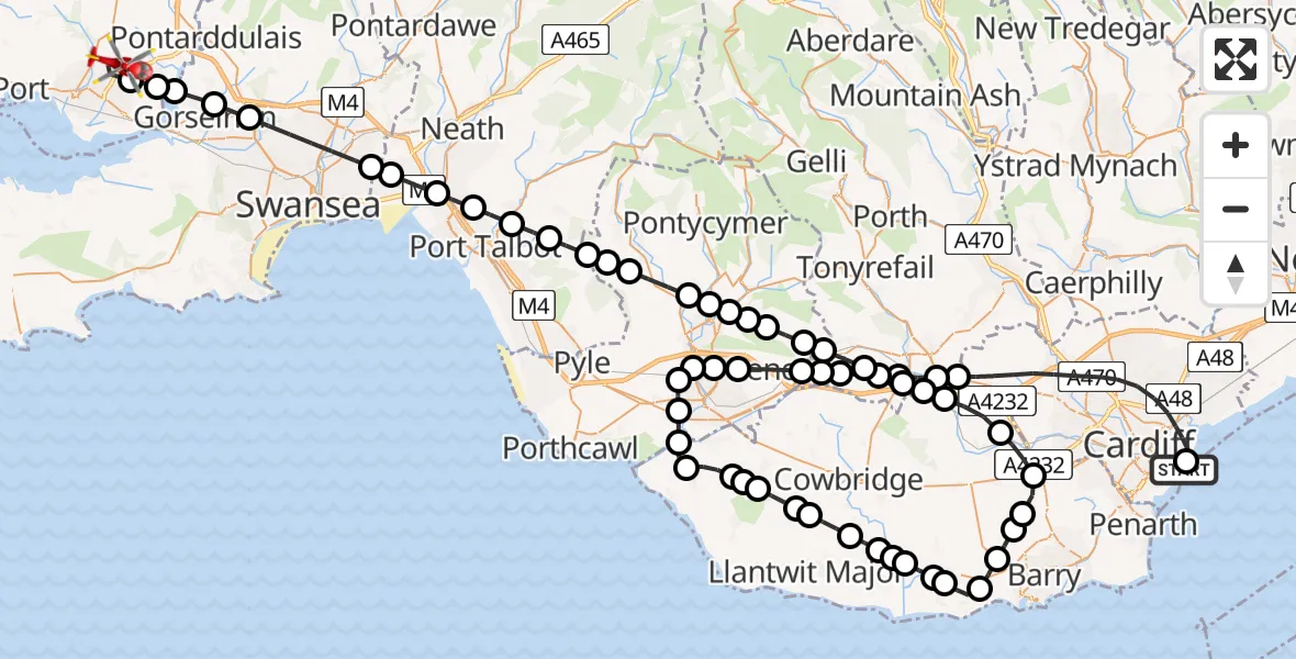 Flight path map showing Air Ambulance Helicopter route from Cardiff Heliport to Dafen
