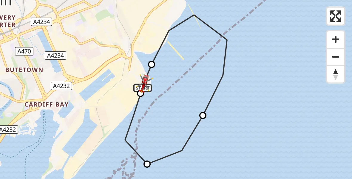 Flight path map showing Air Ambulance Helicopter route from Cardiff Heliport to Cardiff Heliport