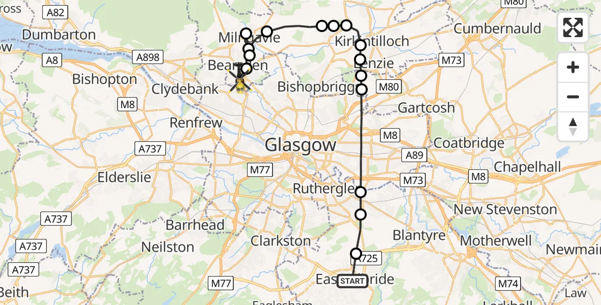 Flight path map showing Police Helicopter route from East Kilbride to Bearsden