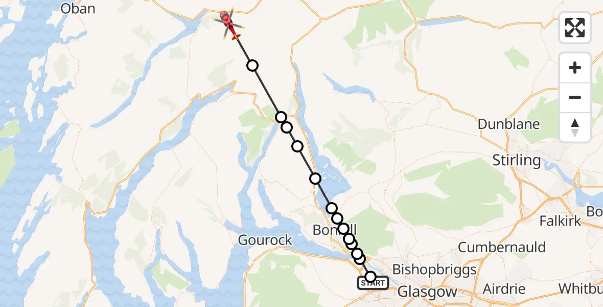 Flight path map showing Air Ambulance Helicopter route from Inchinnan to Glenfyne