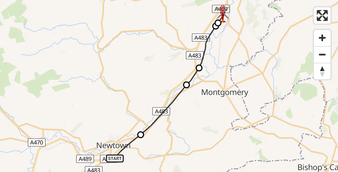 Flight path map showing Air Ambulance Helicopter route from Newtown to Welshpool Airport