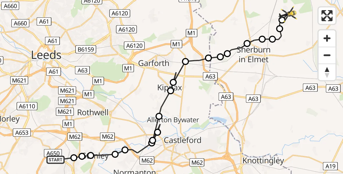 Flight path map showing Police Helicopter route from Wrenthorpe to Leeds East Airport