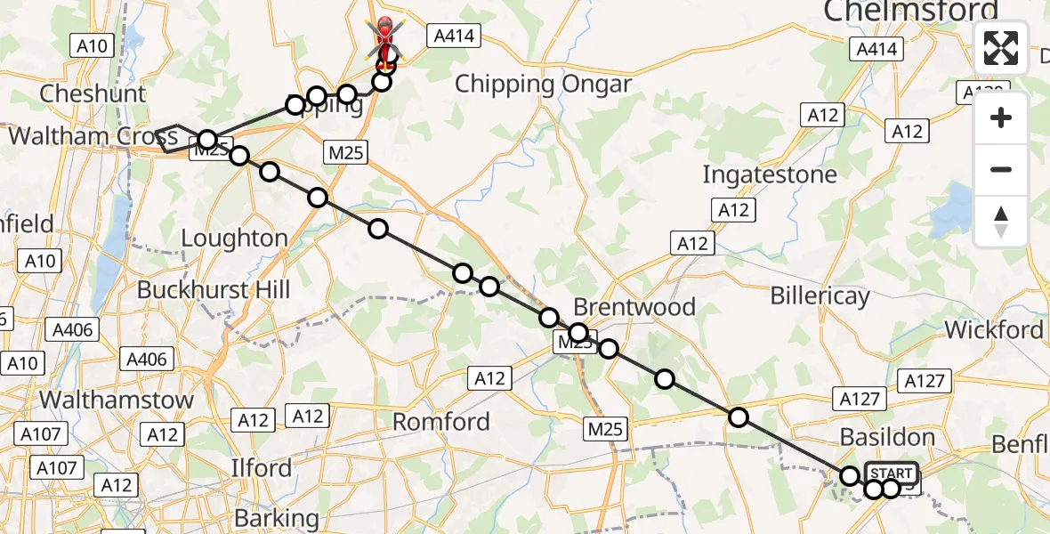 Flight path map showing Air Ambulance Helicopter route from Basildon to North Weald Airfield