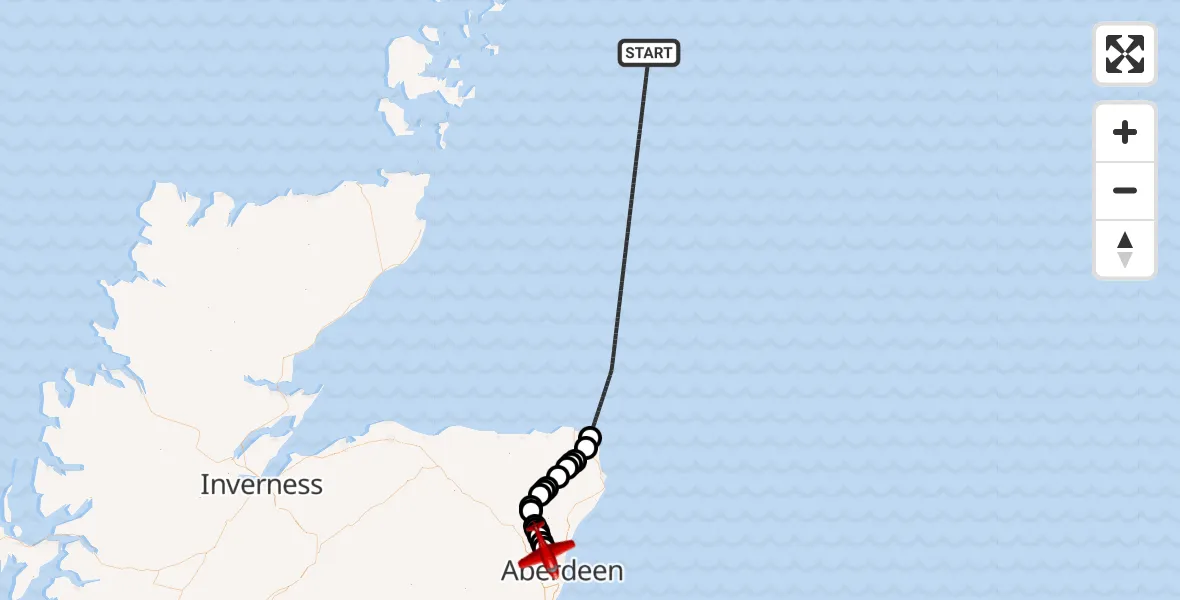 Flight path map showing Air Ambulance Aircraft route from North Sea to Aberdeen City