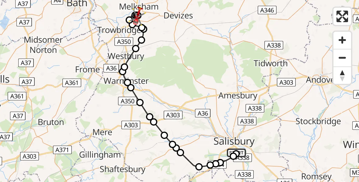 Flight path map showing Air Ambulance Helicopter route from Salisbury District Hospital to Wiltshire Air Ambulance