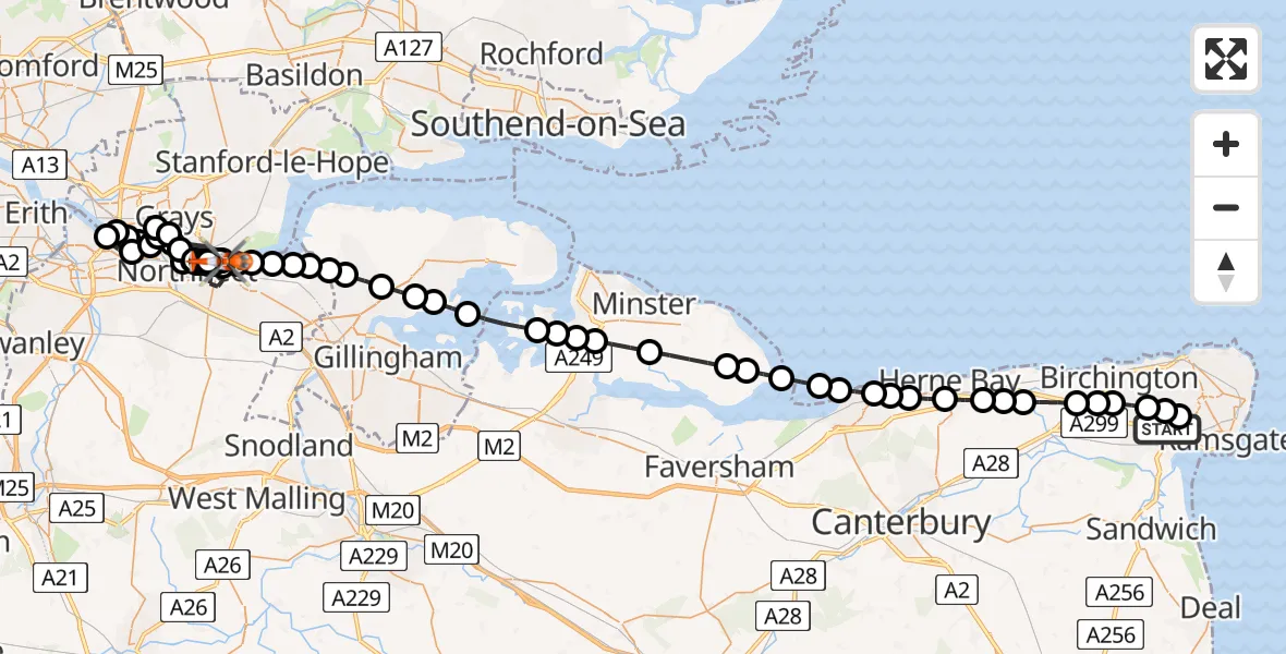 Flight path map showing Coastguard Helicopter route from Manston Airport to Gravesend