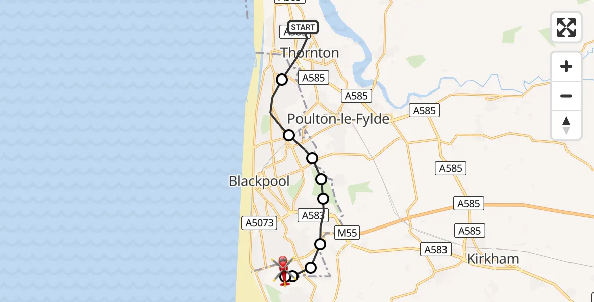 Flight path map showing Air Ambulance Helicopter route from Thornton to Blackpool Airport