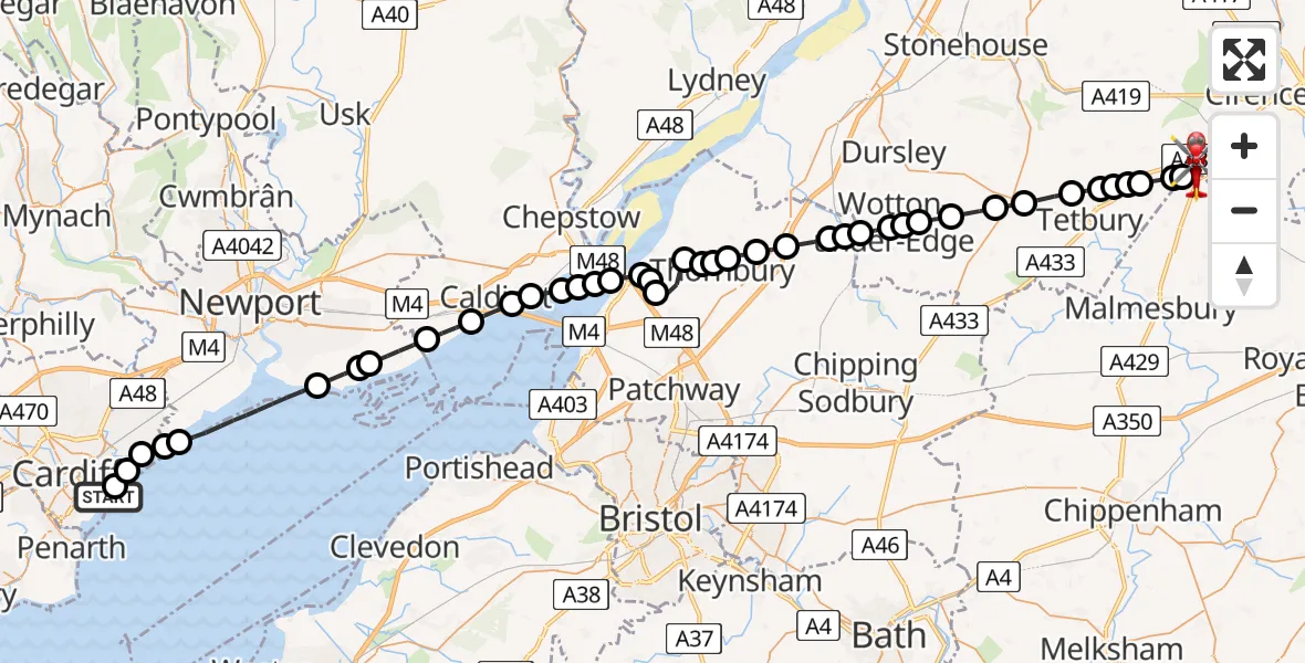 Flight path map showing Air Ambulance Helicopter route from Cardiff Heliport to Cotswold Airport