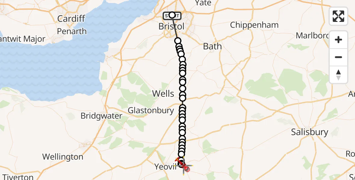 Flight path map showing Air Ambulance Helicopter route from Southmead Hospital to Sherborne