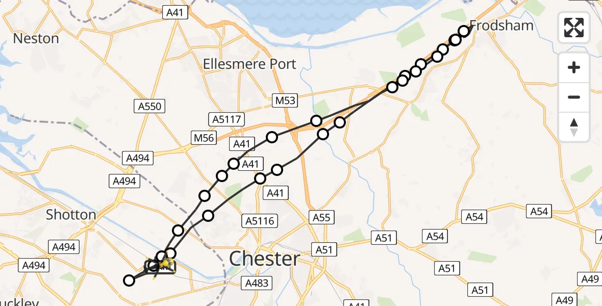 Flight path map showing Police Helicopter route from Hawarden Airport to Saltney Ferry