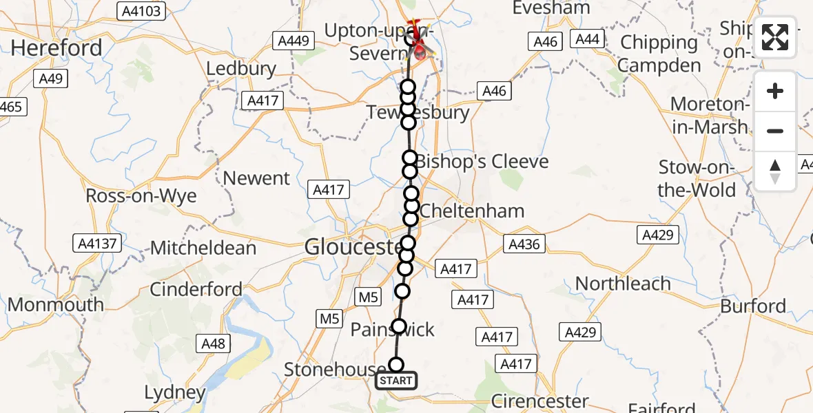 Routekaart van de vlucht: Air Ambulance Helicopter to Hill Croome, M5