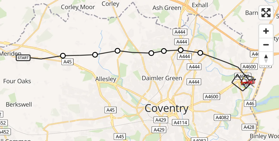Routekaart van de vlucht: Air Ambulance Helicopter to University Hospital Coventry
