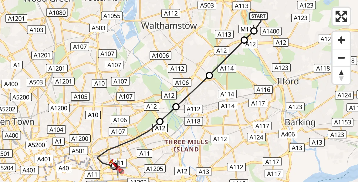 Flight path map showing Air Ambulance Helicopter route from London Borough of Redbridge to Royal London Hospital
