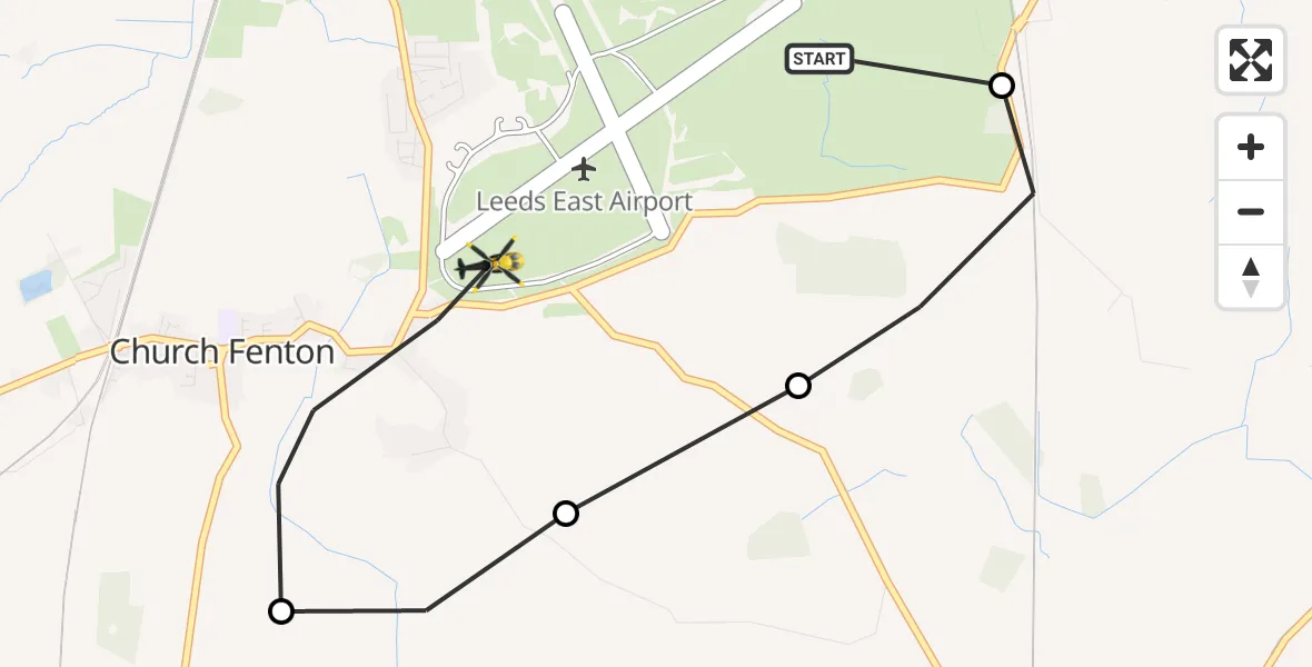 Flight path map showing Police Helicopter route from Leeds East Airport to Leeds East Airport