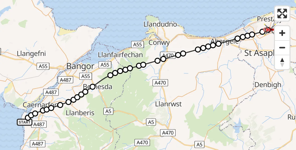 Flight path map showing Air Ambulance Helicopter route from Caernarfon Airport to Meliden