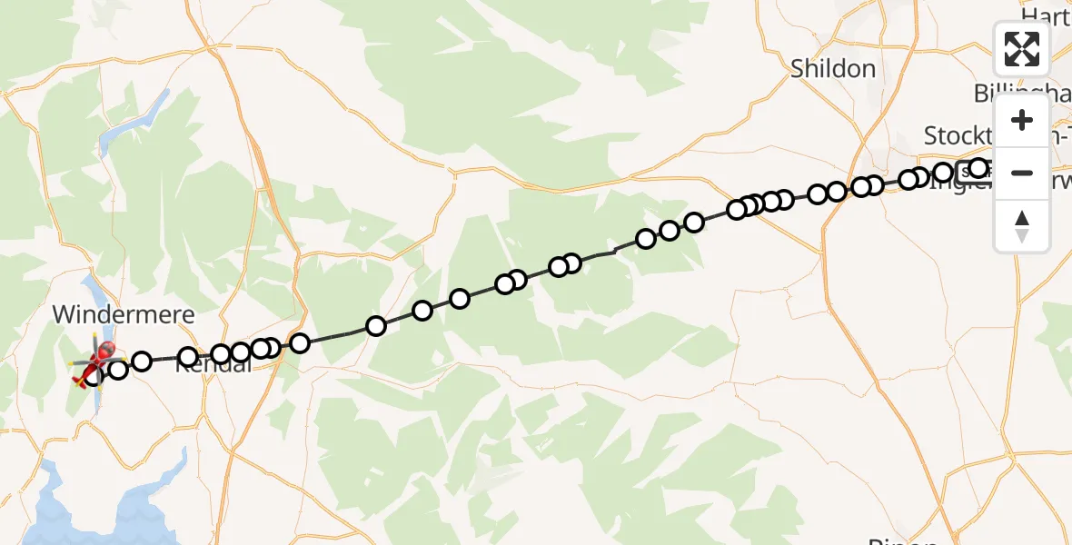 Flight path map showing Air Ambulance Helicopter route from Egglescliffe to Satterthwaite