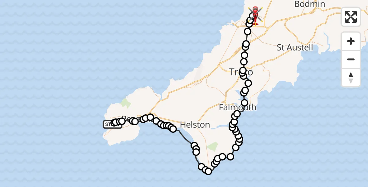 Flight path map showing Air Ambulance Helicopter route from Land's End Airport to Cornwall Airport Newquay