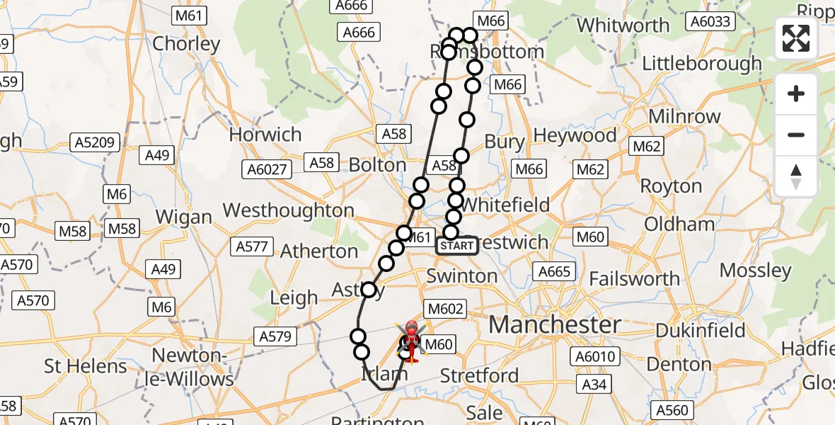 Flight path map showing Air Ambulance Helicopter route from Clifton to Manchester Barton Aerodrome