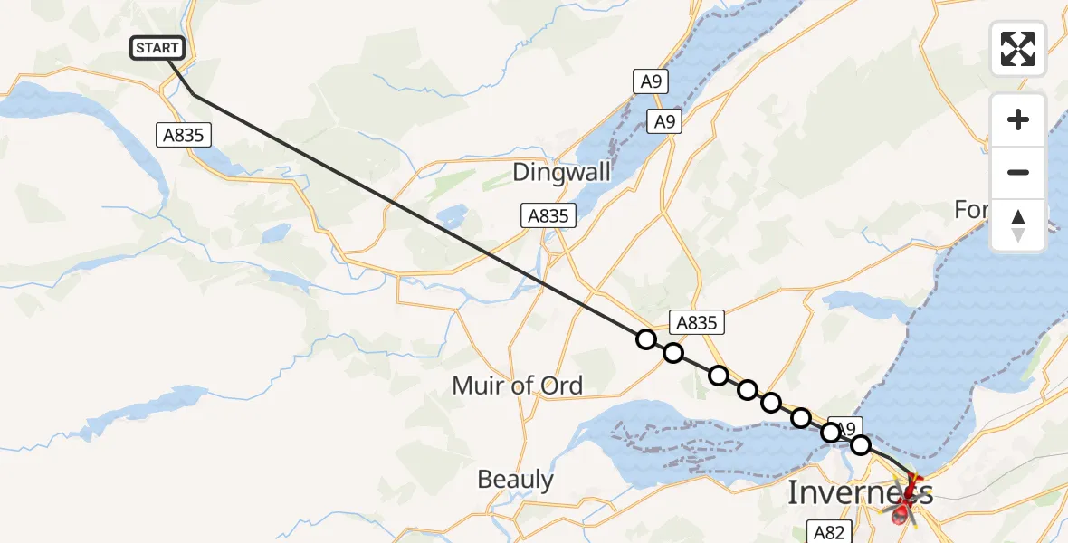 Flight path map showing Air Ambulance Helicopter route from Garve to Inverness
