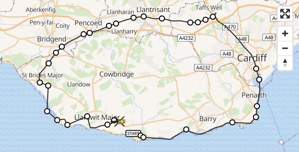 Flight path map showing Police Helicopter route from Gileston to MOD St Athan