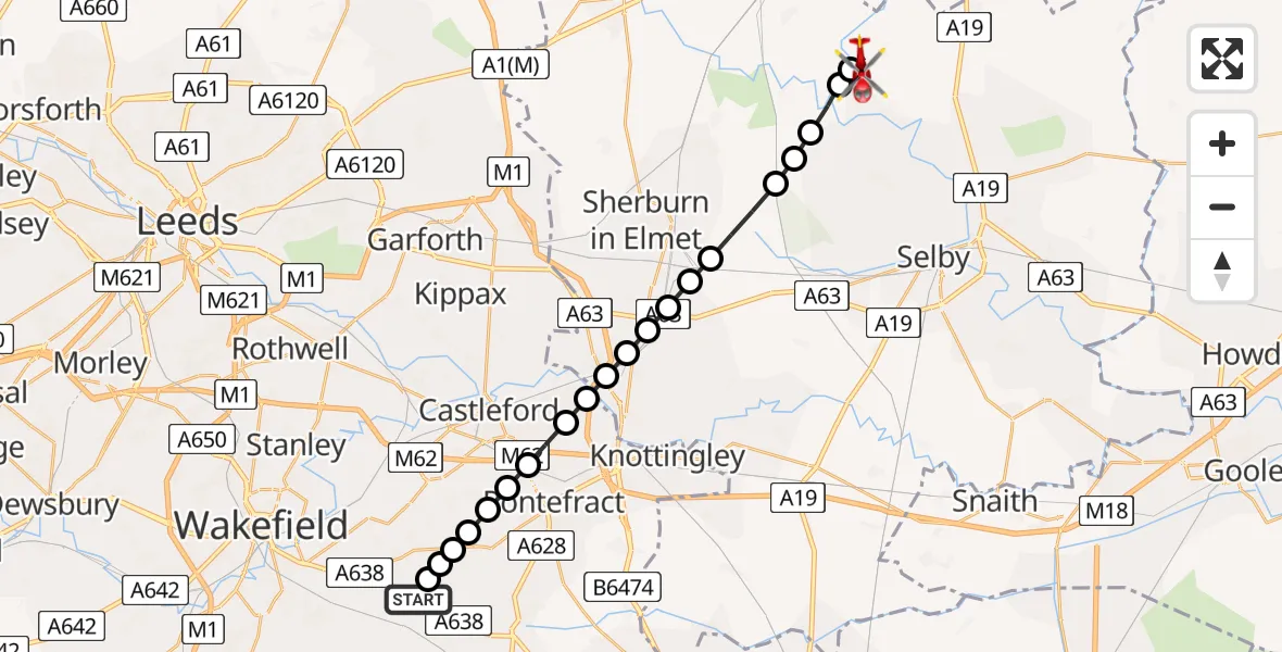 Flight path map showing Air Ambulance Helicopter route from YAA Nostell Helicopter Port to Stillingfleet