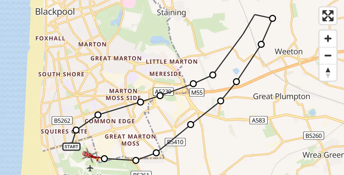 Flight path map showing Air Ambulance Helicopter route from Blackpool Airport to Blackpool Airport