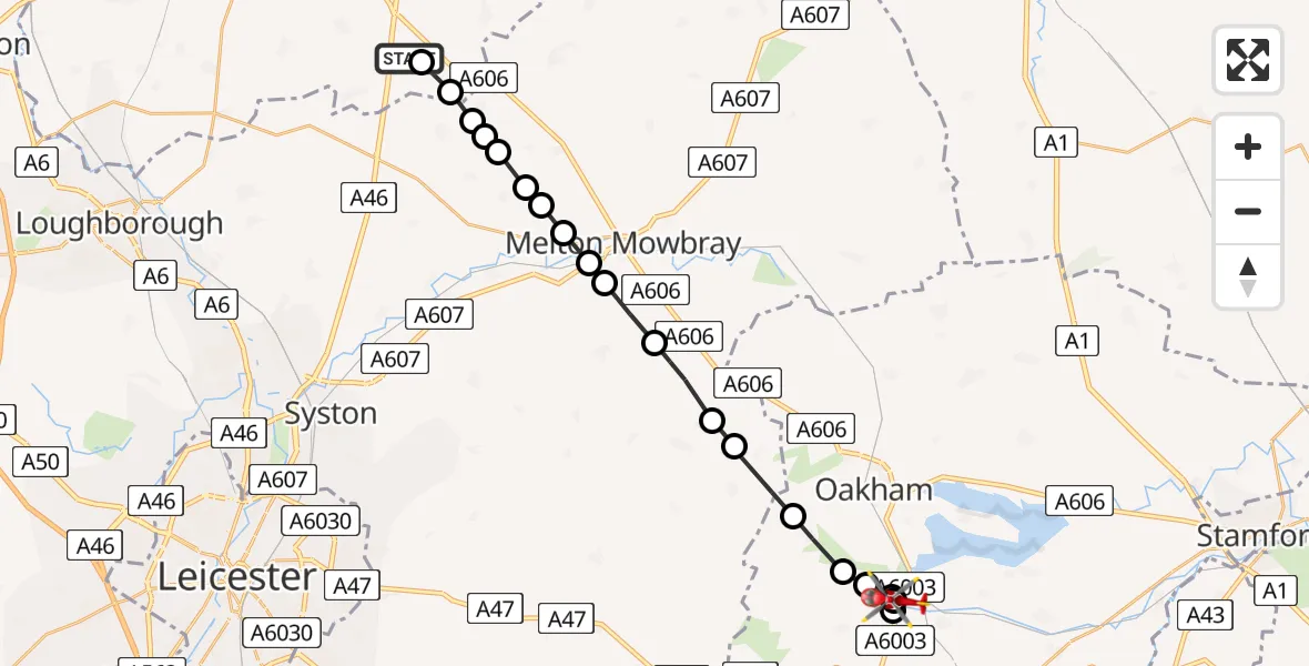 Flight path map showing Air Ambulance Helicopter route from Rushcliffe to Manton