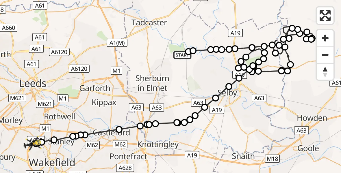 Flight path map showing Police Helicopter route from Leeds East Airport to East Ardsley