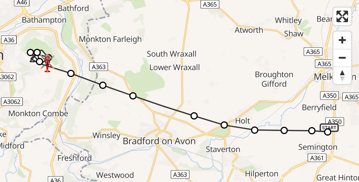 Flight path map showing Air Ambulance Helicopter route from Wiltshire Air Ambulance to Bath