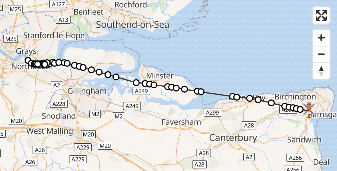Flight path map showing Coastguard Helicopter route from Tilbury to Manston Airport