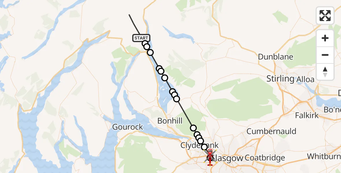 Flight path map showing Air Ambulance Helicopter route from Succoth to Queen Elizabeth Hospital