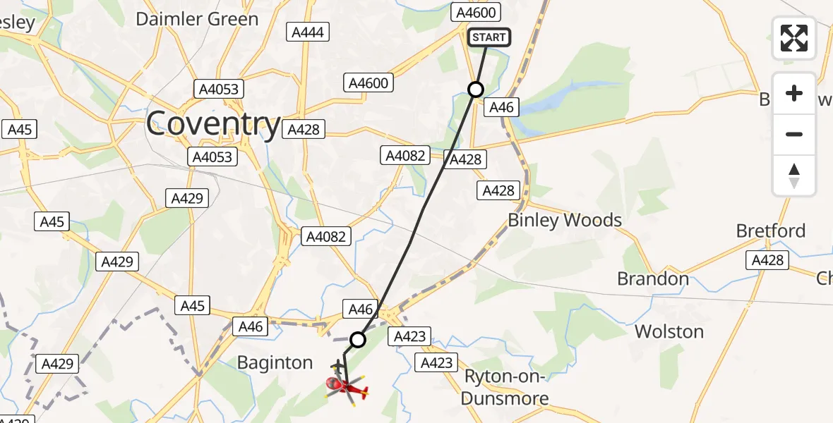 Flight path map showing Air Ambulance Helicopter route from University Hospital Coventry to Coventry Airport